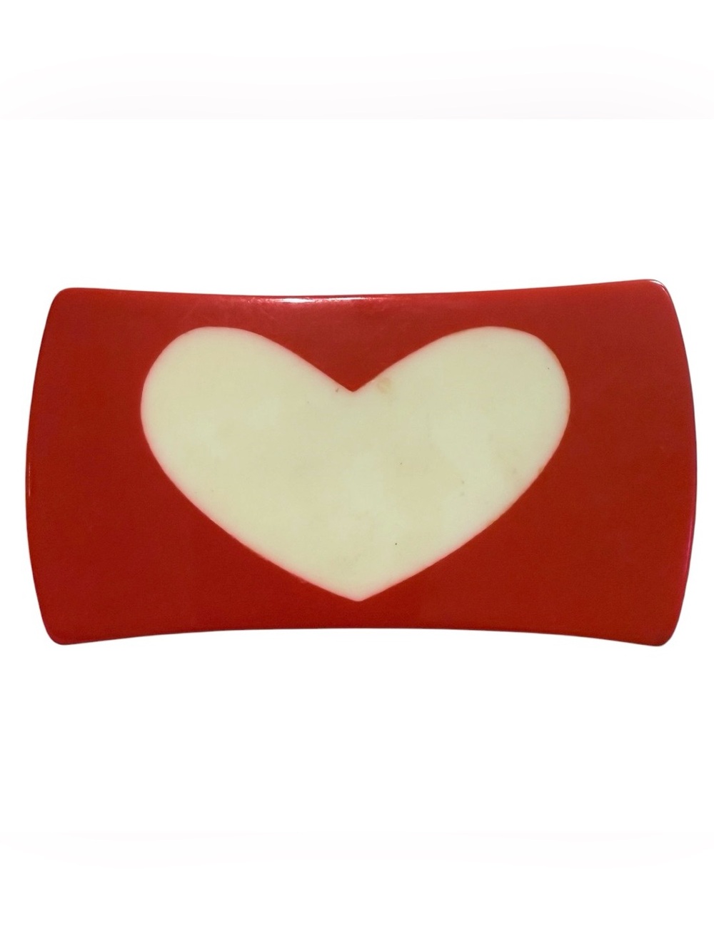 1960’s Colorblock Heart French Bar Barrette in Red & White, 2.5” Long, Deadstock